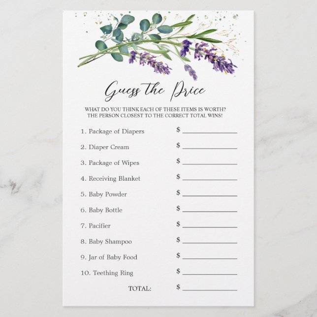 Baby Shower Guess Price Game Lavender Eucalyptus Stationery (Front)