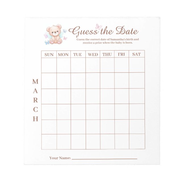 Baby Shower Guess the Date Game Activity Notepad (Front)