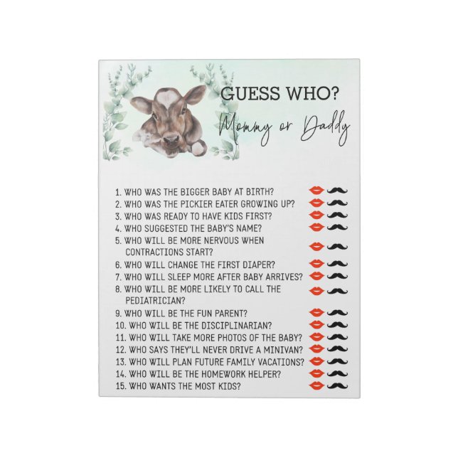 Baby Shower Guess Who Game Cow Calf Farm Notepad (Rotated)