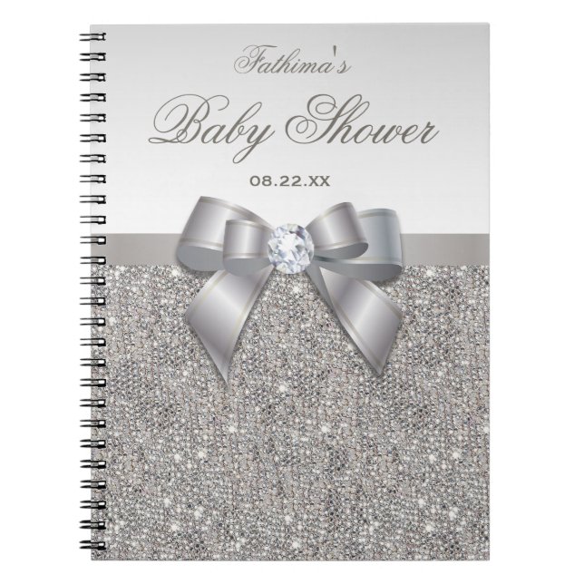 Baby Shower Guestbook Faux Silver Sequins and Bow Notebook (Front)