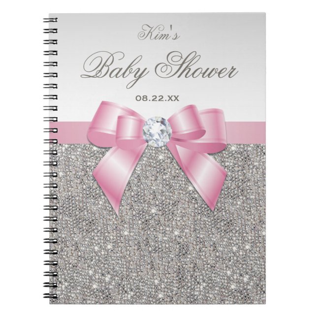 Baby Shower Guestbook Faux Silver Sequins Pink Bow Notebook (Front)