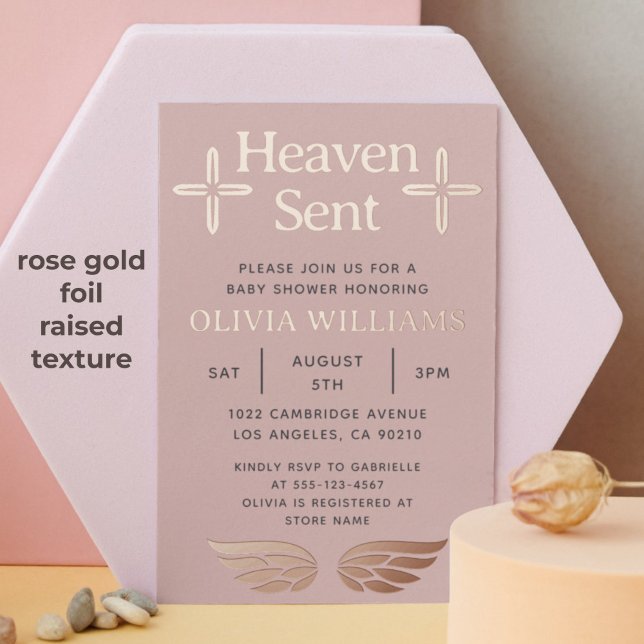 Baby Shower Heaven Sent Cross Angel Rose Gold (Heaven sent baby shower invitation with rose gold raised foil texture)