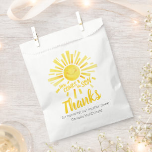 Baby shower here comes the sun yellow thank you favour bag
