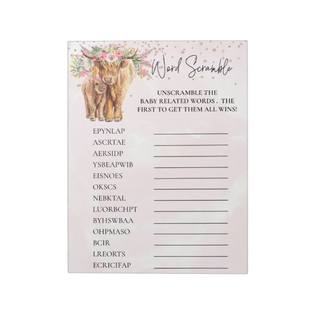 Baby Shower Highland cow Pink Word scramble Game Notepad (Rotated)