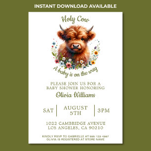 Baby Shower Highland Cow Watercolor Wildflower Invitation
