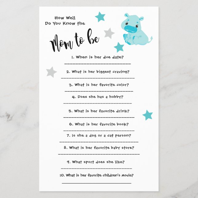 Baby Shower Hippo How well you know the card (Front)