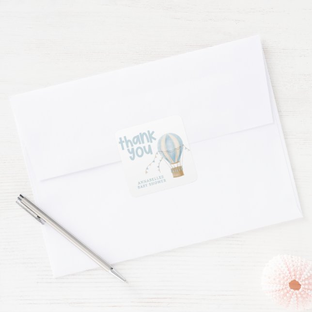 Baby shower hot air balloon adventure thank you square sticker (Envelope)