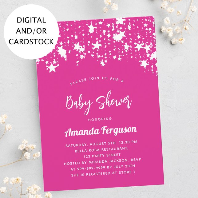 Baby Shower hot pink white stars girl Invitation (Creator Uploaded)