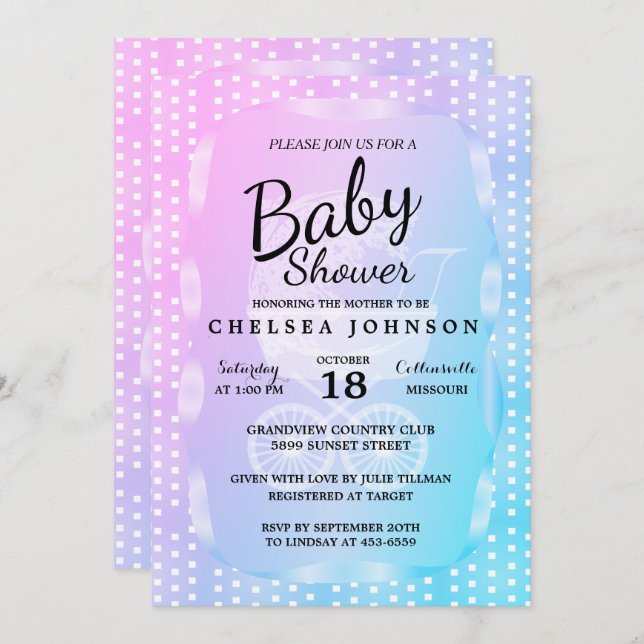 Baby Shower 👶 in a Gradient Pink, Purple and Blue Invitation (Front/Back)