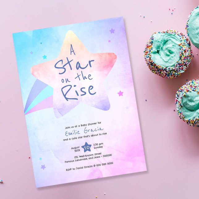 Baby Shower Invitation | A Star on the Rise | DP7 (cute baby shower invitation card | pink and blue, shining, star, watercolor, hand drawn effect)