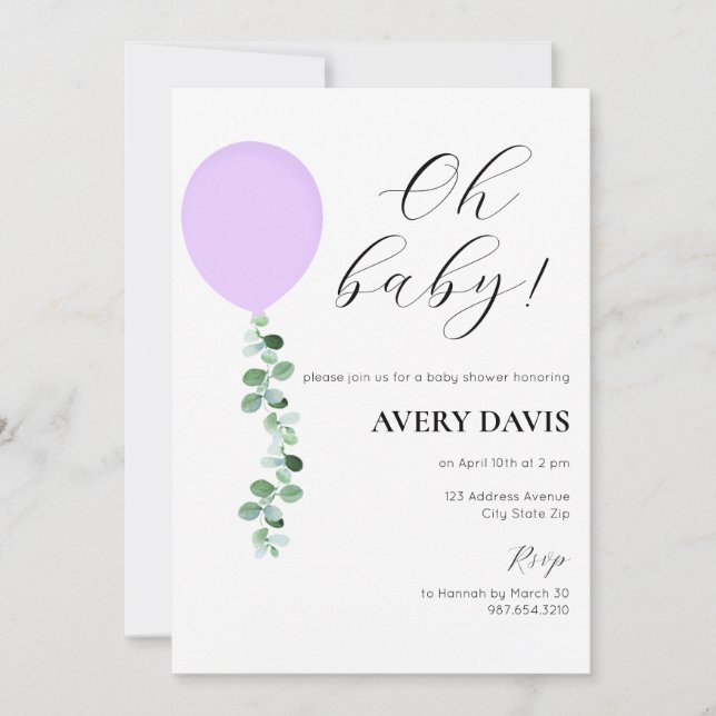 Baby Shower Invitation, Baby Girl, Purple Balloon Invitation (Front)