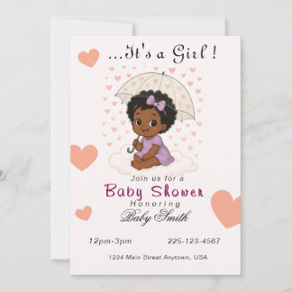 Baby shower invitation black baby girl curly