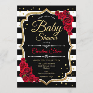 Baby Shower Invitation Black White Stripes Roses