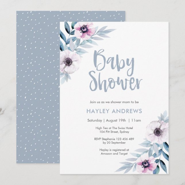 Baby Shower invitation blue purple florals (Front/Back)