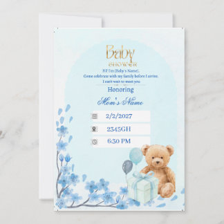 Baby Shower Invitation | Blue Teddy Bear Bab