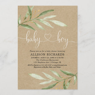 Baby shower invitation boy rustic kraft greenery