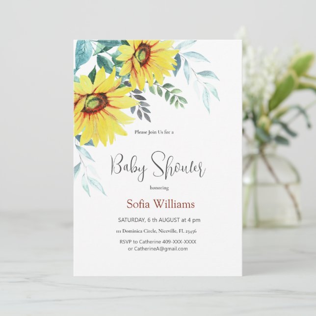 Baby shower invitation card with sunflowers. (Standing Front)