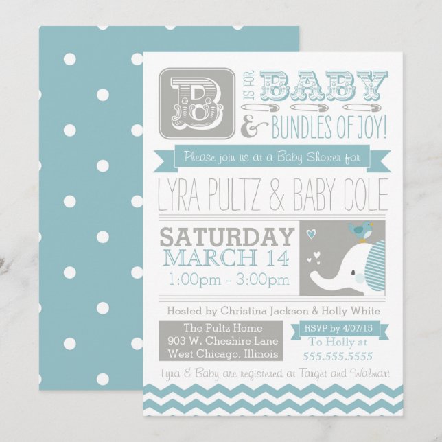 Baby Shower Invitation - Circus Elephant & Chevron (Front/Back)