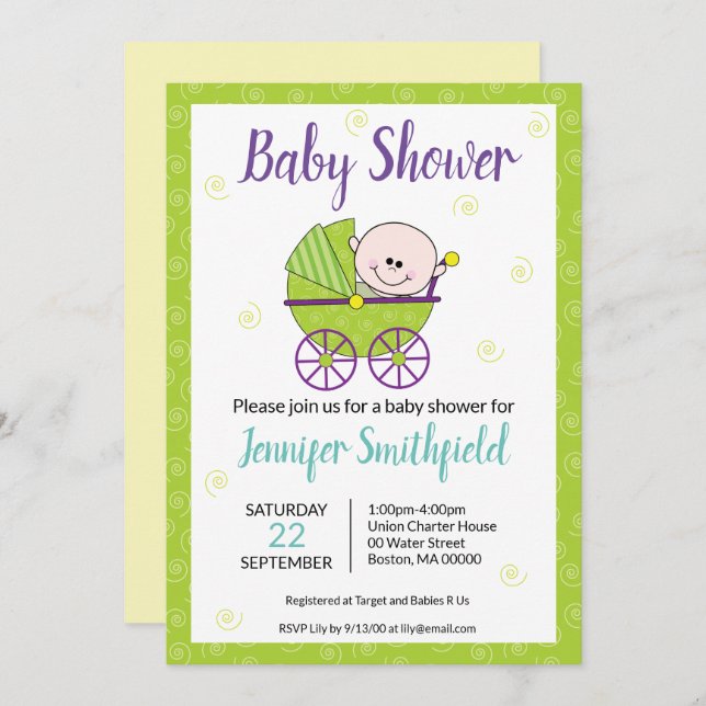 Baby Shower Invitation Featuring Baby Carriage (Front/Back)