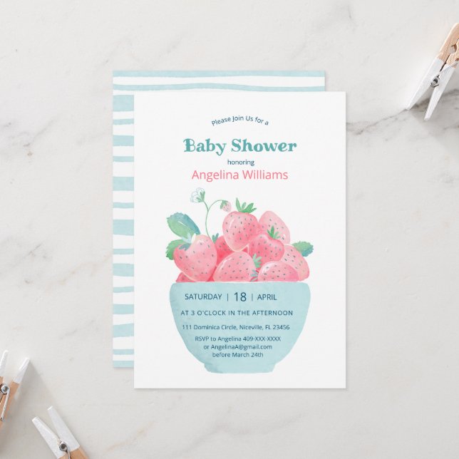 Baby shower invitation featuring cute strawberries (Front/Back In Situ)