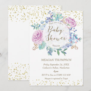 baby shower invitation floral faux gold glitter