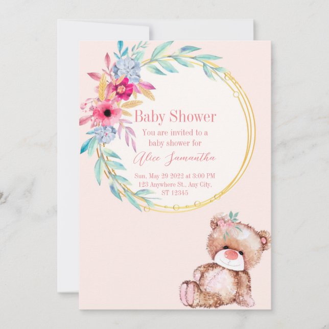 Baby shower invitation for girl with little bear  (Front)
