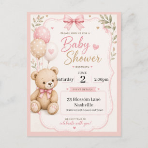 Baby Shower Invitation for girls teddy bear themed Postcard