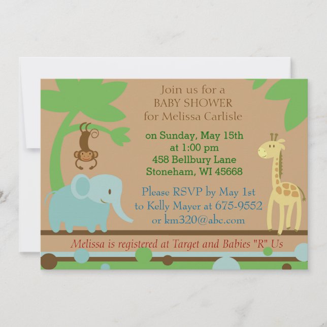 Baby Shower Invitation for Jungle or Zoo theme (Front)