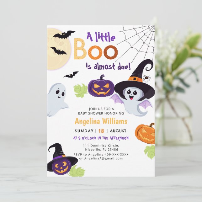 Baby shower invitation for Little Boo Halloween. (Standing Front)