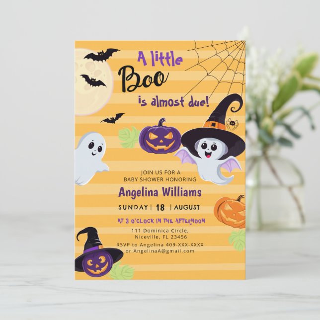 Baby shower invitation for Little Boo Halloween. (Standing Front)