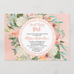 Baby shower invitation girl peaches cream greenery