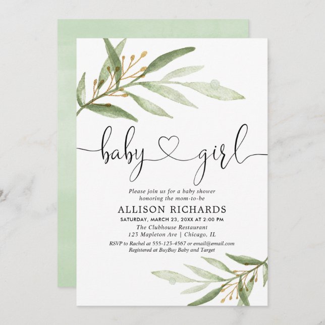 Baby shower invitation girl simple modern greenery (Front/Back)