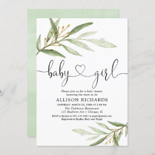 Baby shower invitation girl simple modern greenery