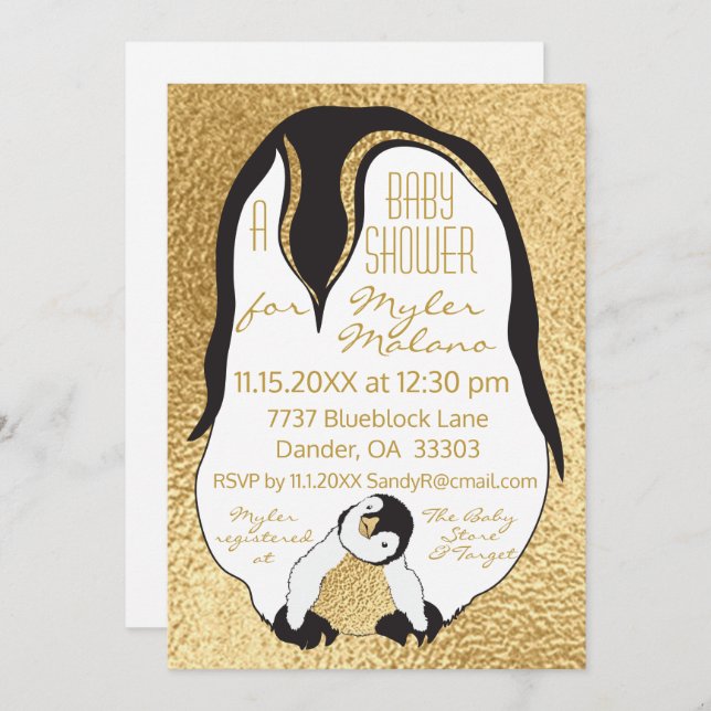 Baby Shower Invitation Gold Baby & Mummy Penguin (Front/Back)