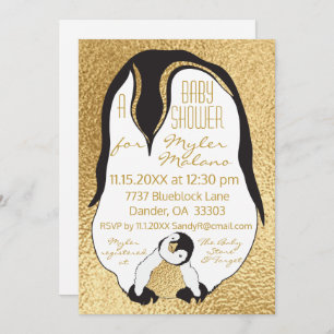 Baby Shower Invitation Gold Baby & Mummy Penguin