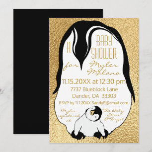 Baby Shower Invitation Gold Baby & Mummy Penguins