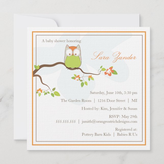 Baby Shower Invitation - Green and Orange Baby Owl (Front)