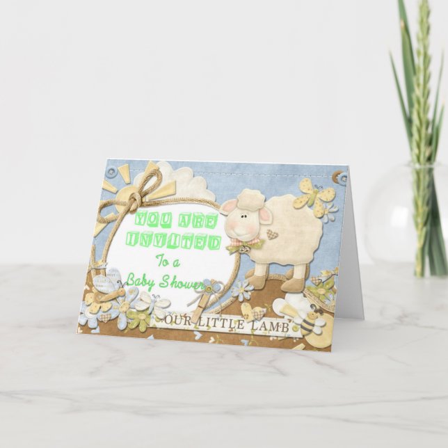 Baby Shower Invitation Green Little Lamb (Front)