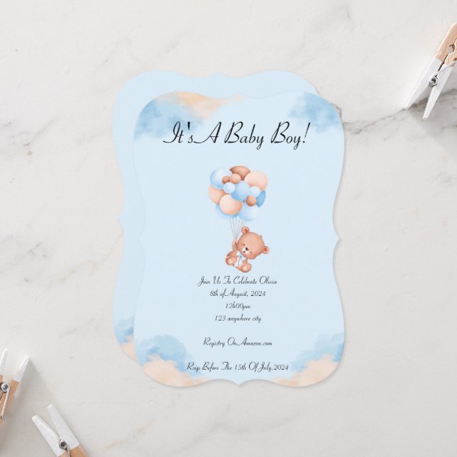 BABY SHOWER INVITATION IN BLUE FOR BOYS (Front/Back In Situ)