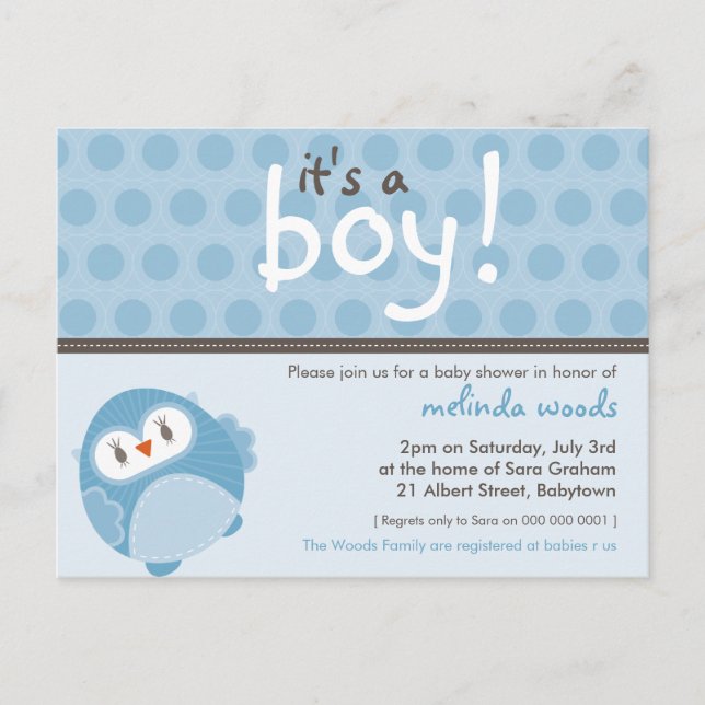 BABY SHOWER INVITATION :: it's a boy owl 7 Postcard (Front)