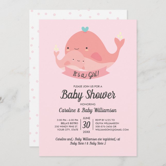 Baby Shower Invitation It's a Girl Cute Whale (Front/Back)