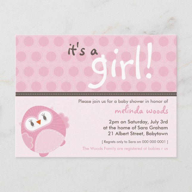 BABY SHOWER INVITATION :: it's a girl owl 4 Postcard (Front)