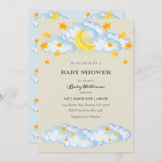 Baby Shower Invitation Moon and Stars Theme (Front/Back)