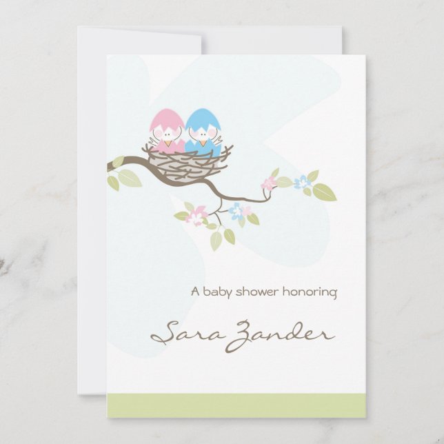 Baby Shower Invitation - Pink & Blue Twin Birds (Front)