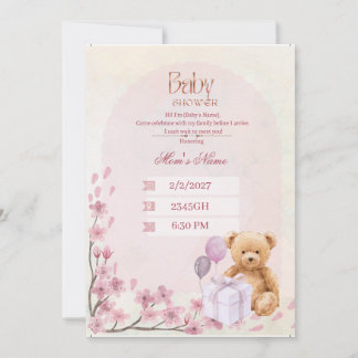 Baby Shower Invitation | Pink Teddy Bear Bab