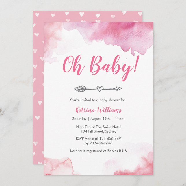 Baby Shower invitation Pink watercolor boho arrow (Front/Back)