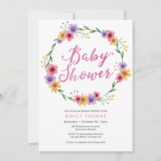 Baby Shower Invitation | pink watercolor florals (Front)