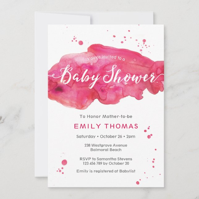 Baby Shower Invitation | pink watercolor splash (Front)