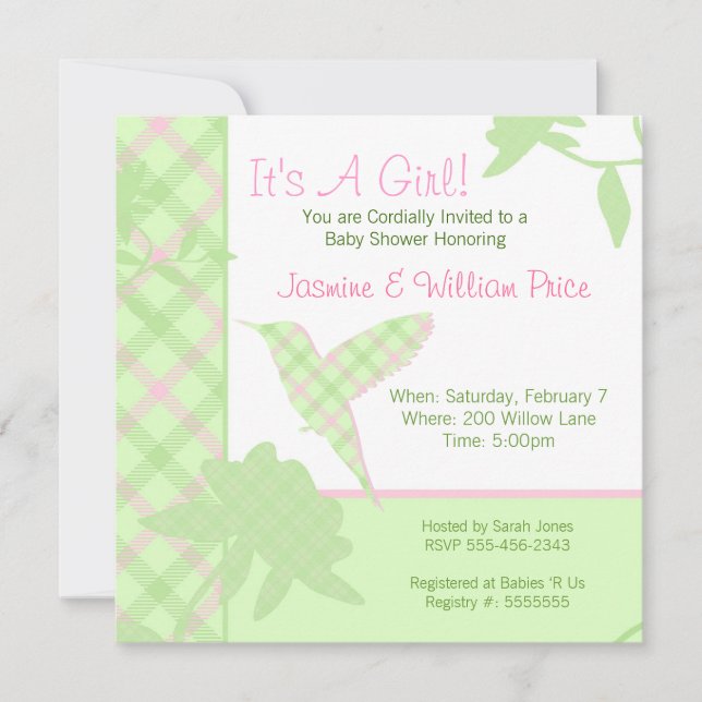 Baby Shower Invitation Plaid Hummingbird Pink & Gr (Front)