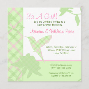 Baby Shower Invitation Plaid Hummingbird Pink & Gr